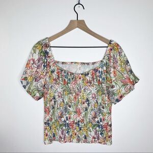Anthropologie Aurelia Smocked Top Floral Cream Size M Balloon Sleeve Ruching